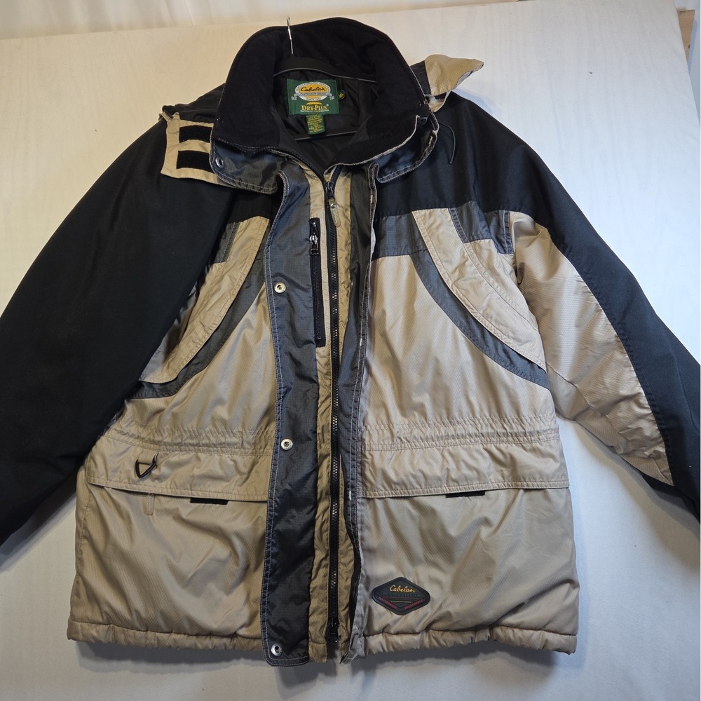 Cabela's Dry Plus Men's XL Reg Waterproof Hooded Rain Jacket Tan Black